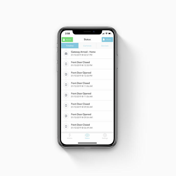 The abode app's timeline on an iPhone X showing you can monitor and control your home security with your cell phone